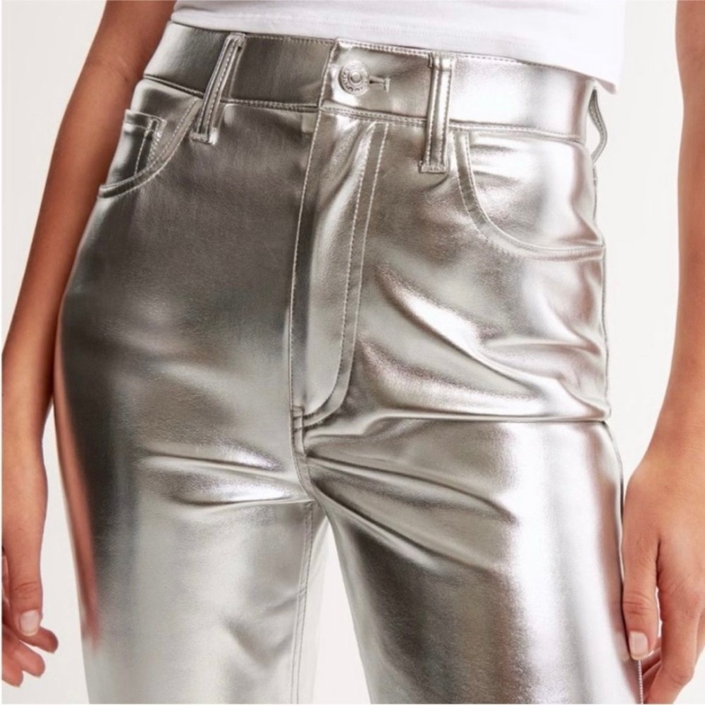 Abercrombie & Fitch Silver 90’s Straight Leg Vegan Leather Pants - Picture 3 of 11